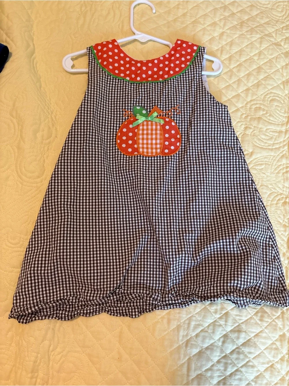 Girls Black & White Gingham Pumpkin Applique Dress with Red Polka Dot Collar